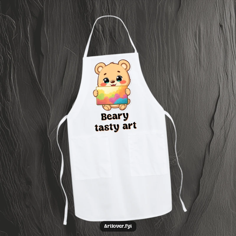 Funny apron with a happy bear cub character, eyes sparkling, proudly displaying a vibrant painting, perfect for creative endeavors.