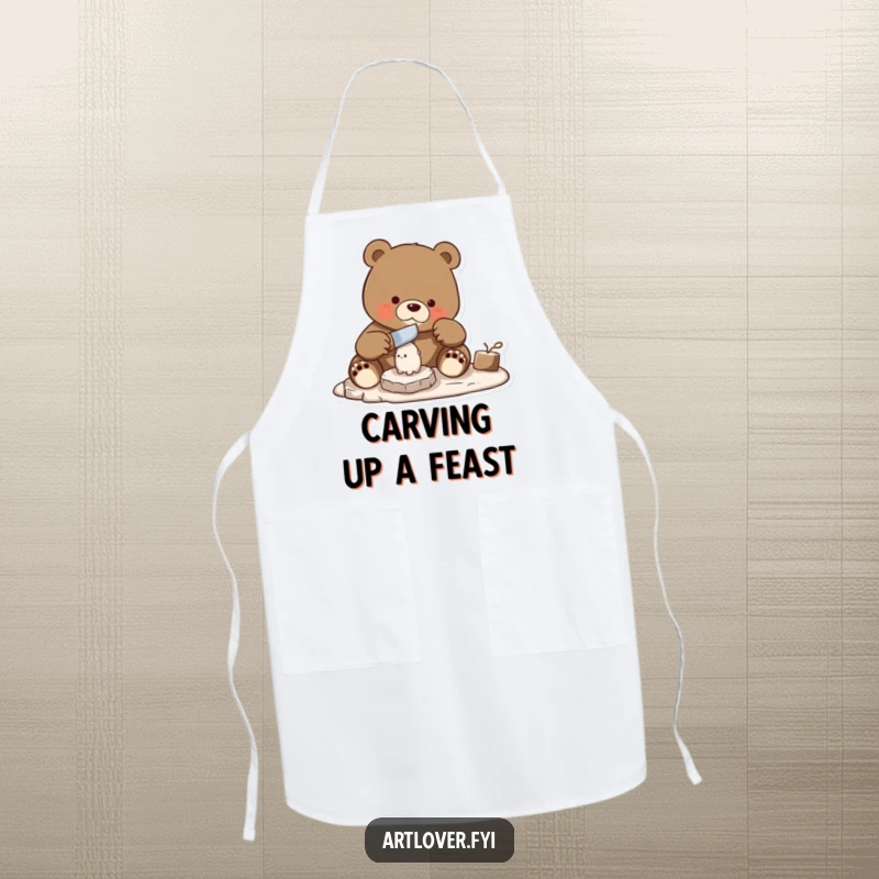 Funny bear skillfully carving a small statue with a chisel, wearing a protective artisan's apron.