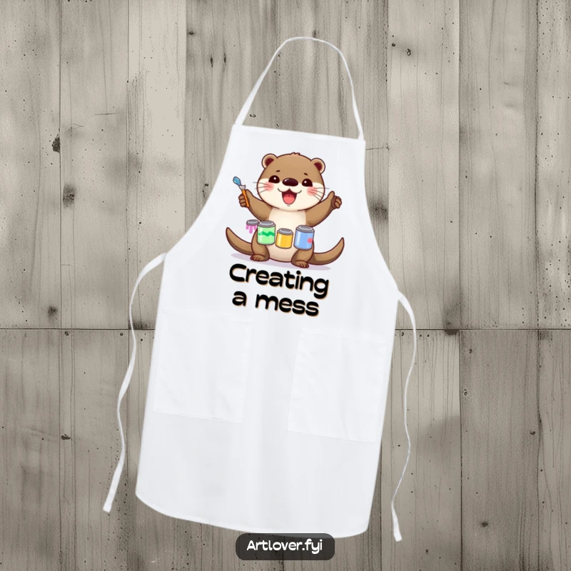 Funny Apron: A delighted otter artist wearing an apron, skillfully balancing paint cans, ready for artistic projects, funny gift.