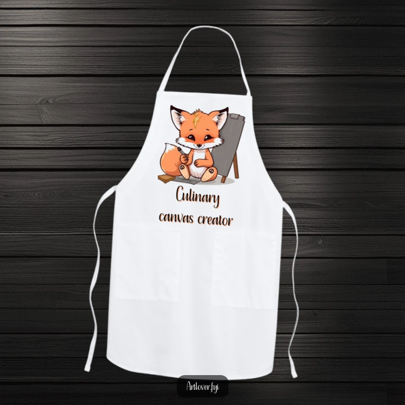 Funny fox cub apron, a mischievous cub sketching, ideal for artists or bakers who love a playful design.