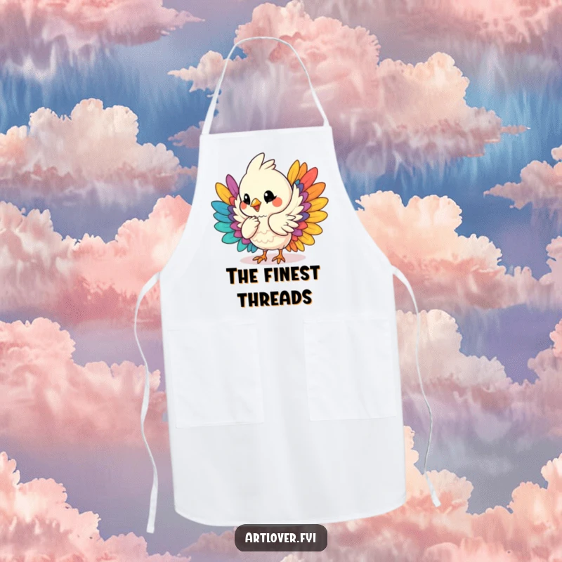 Funny apron featuring a bird character humming while it arranges colorful feathers, perfect for a chef or baker who enjoys artistic expression.