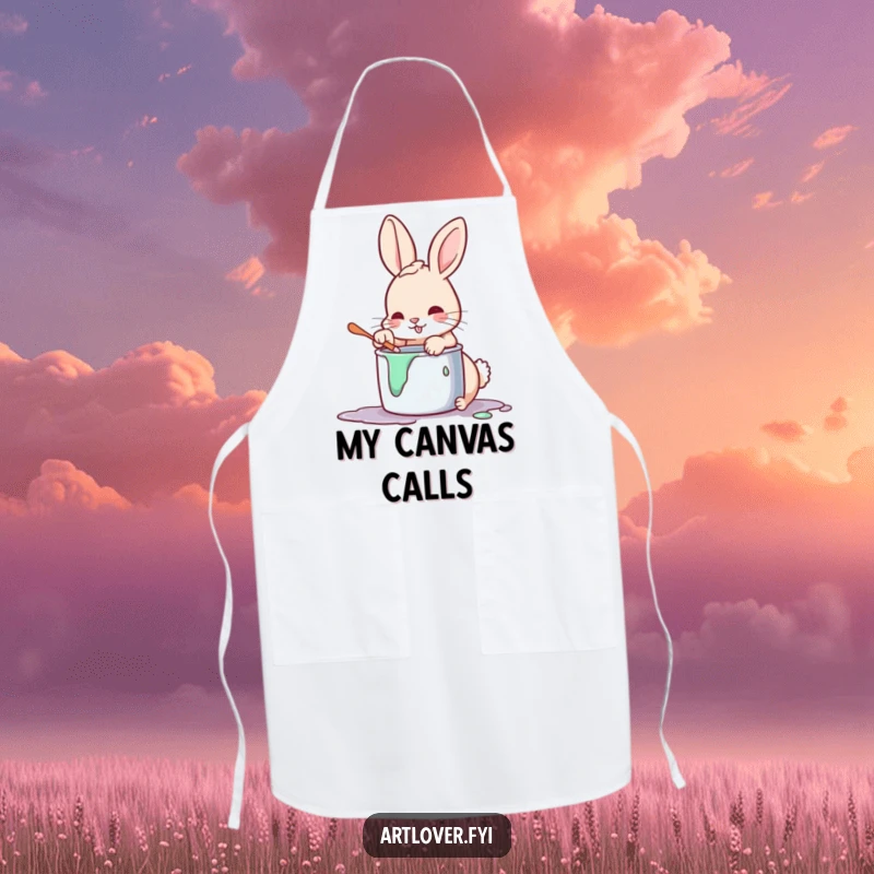 Funny chef rabbit apron, a kitchen garment featuring a playful bunny artist with a paw dipped in paint, ready to cook.