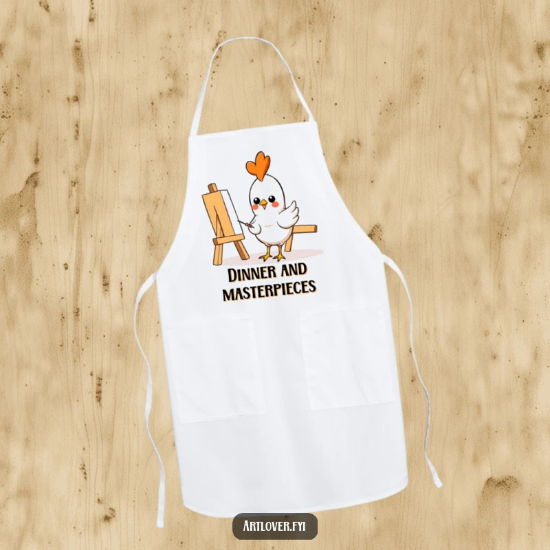 Funny Apron: A cheerful chicken artist wearing an apron, diligently pecking at a canvas, ready for artistic projects, funny gift.