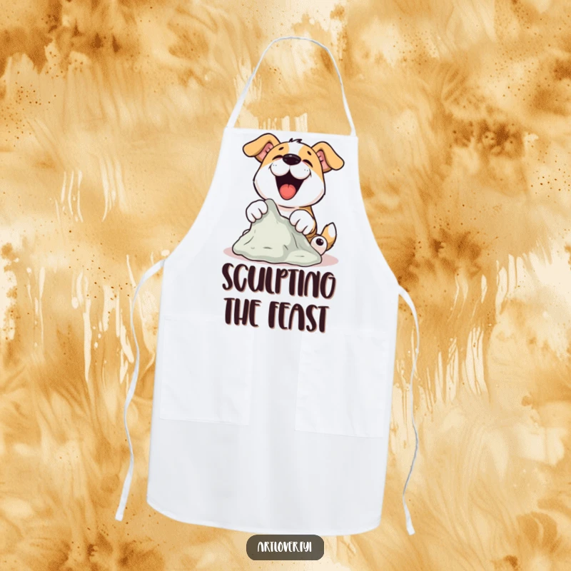 Funny Dog Sculptor Apron showing a dog joyfully sculpting clay with its paws, perfect for a funny kitchen gift.