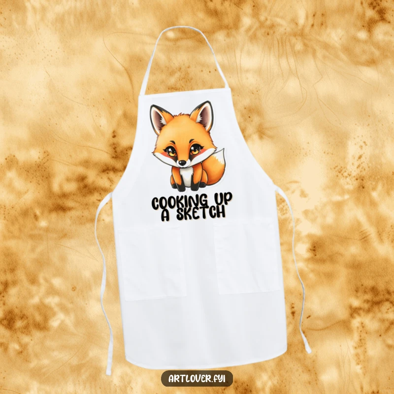 Funny fox with very concentrated eyes drawing with a charcoal stick, wearing a protective artist's apron.