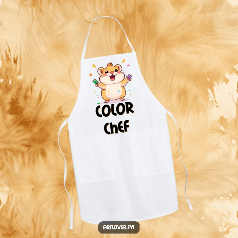 Funny hamster apron with an excited hamster character juggling colorful paint tubes. Practical and humorous kitchen wear for creative cooks.