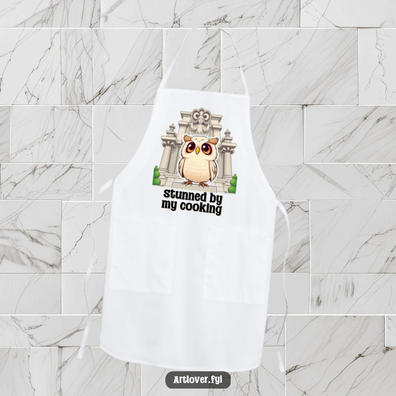 Funny owl apron with a surprised owl with large eyes looking up at a grand statue, perfect for cooks and art lovers.