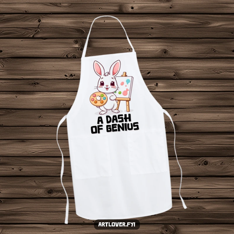 Funny rabbit apron with a playful bunny artist holding a palette and brush, dabbing paint onto a canvas while cooking.
