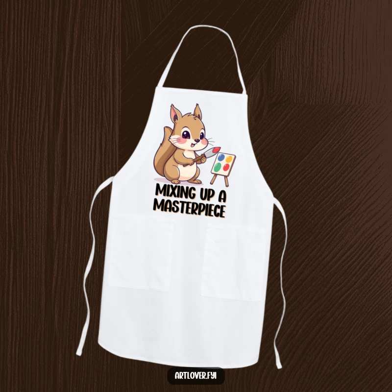 Funny apron with a squirrel artist skillfully mixing paints, protecting the wearer during creative endeavors and cooking adventures.