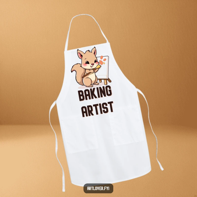 Funny apron with a playful squirrel character holding a paintbrush, diligently dabbing at a canvas, perfect for messy art.