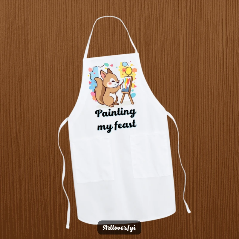 Funny apron featuring a playful squirrel painting a colorful mural, ready to create.