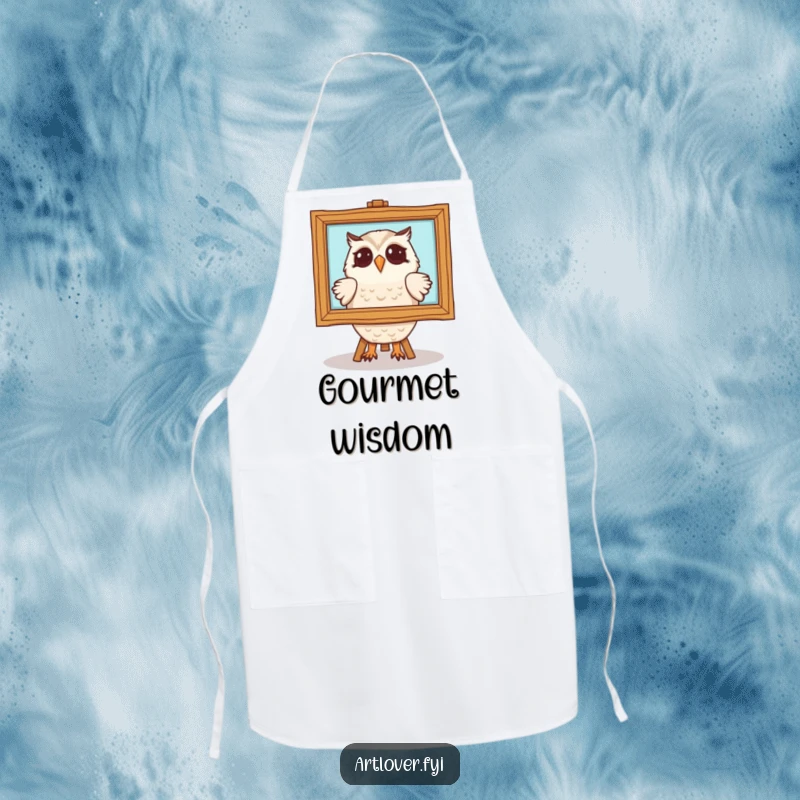 Funny owl apron with a delighted owl character admiring a framed painting. Practical and humorous kitchen wear for the sophisticated cook.