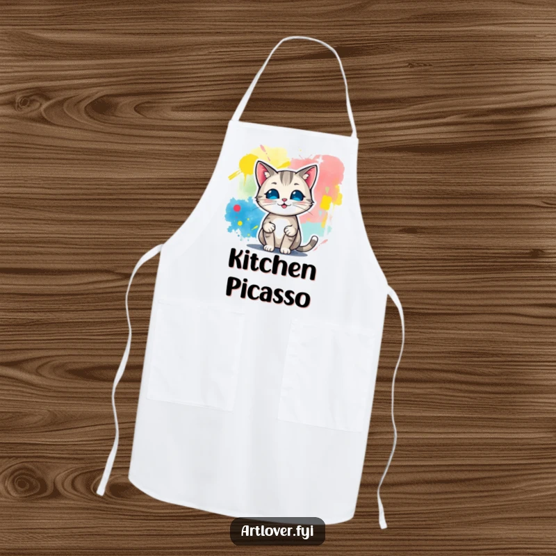 Funny apron featuring a cat artist proudly presenting a vibrant abstract painting, ideal for chefs or home cooks who love art and cats.