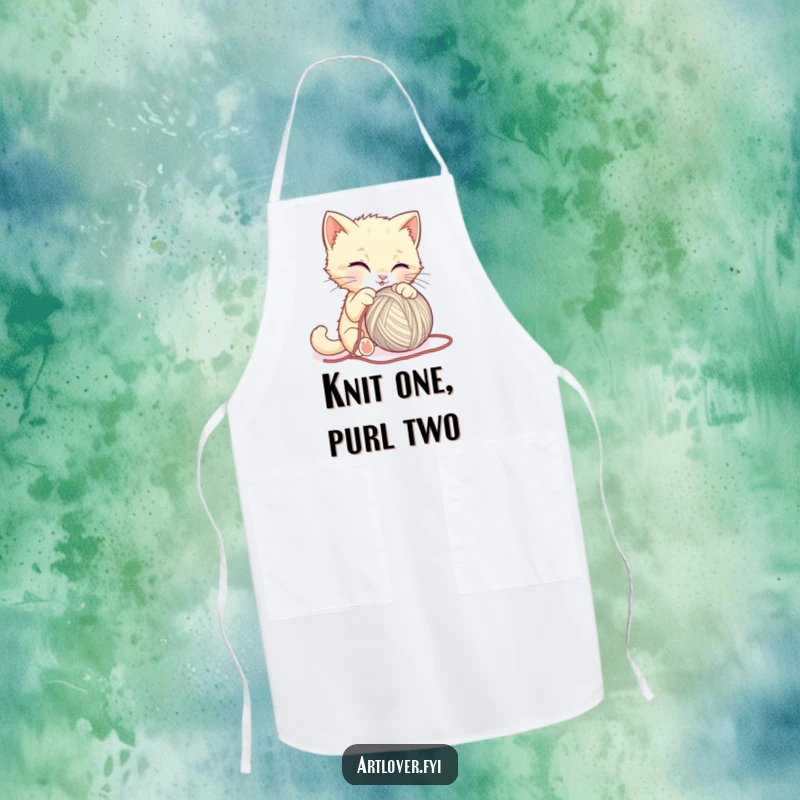 Funny kitten apron, a charming cat attempting to sculpt a ball of yarn, adding humor to kitchen and craft activities.