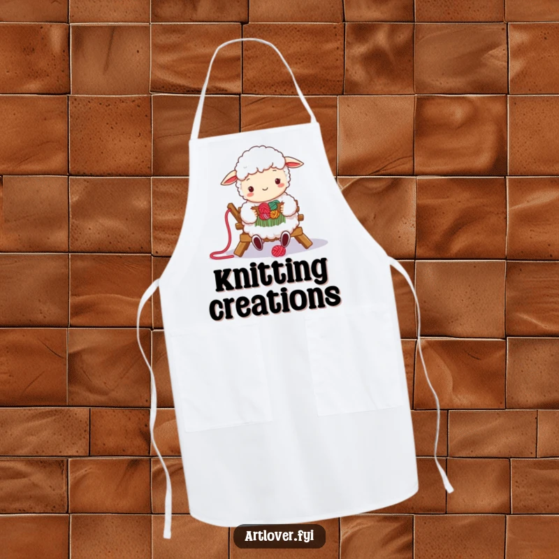 Funny apron with a fluffy sheep happily weaving colorful yarn, protecting the wearer during crafting and fiber art projects.