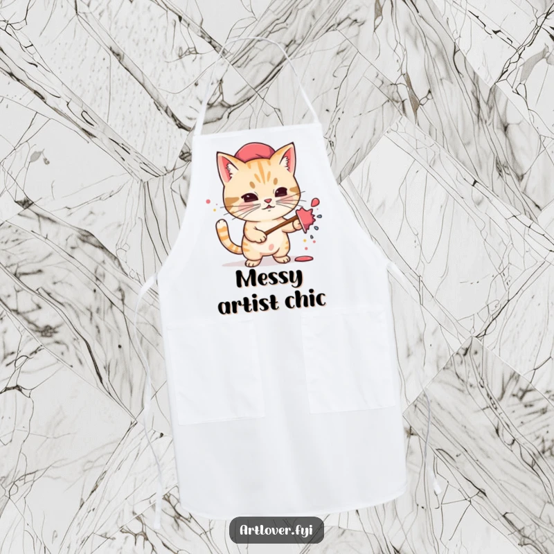 Funny apron featuring a determined cat artist in a beret, enthusiastically splattering paint, perfect for messy creative sessions.