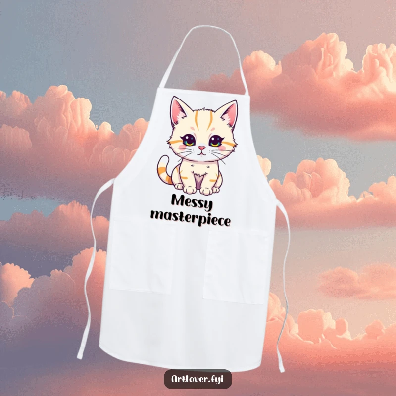 Funny Cat Artist Apron showing a cat enthusiastically painting with bright colors, perfect for a funny kitchen gift.