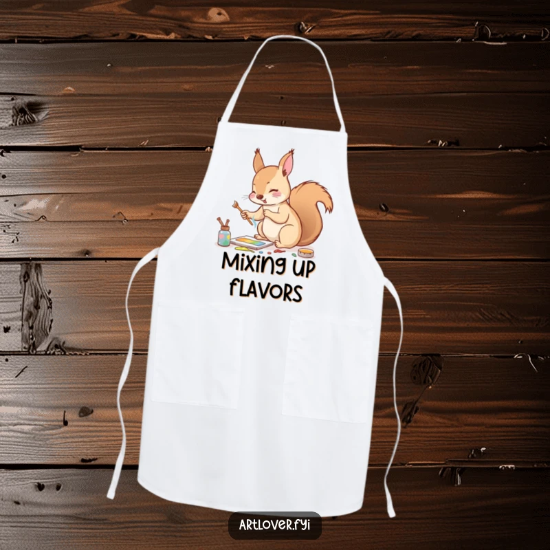 Funny apron showing an enthusiastic squirrel mixing paints with a tiny twig, perfect for protecting clothes during creative tasks.