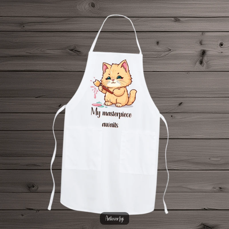 Funny apron featuring a fluffy cat holding a paintbrush, expertly splattering paint.