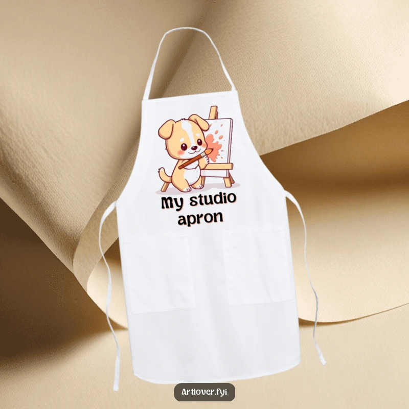 Funny Dog Artist Apron: Cute dog character actively splashing paint onto a canvas with a paintbrush, ready for artistic creations.