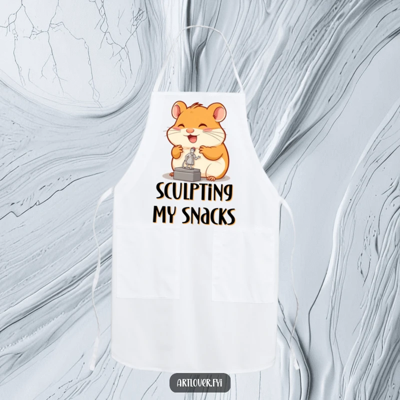 Funny hamster apron with a joyful rodent admiring a tiny sculpture, perfect for cooks and artists who appreciate small details.