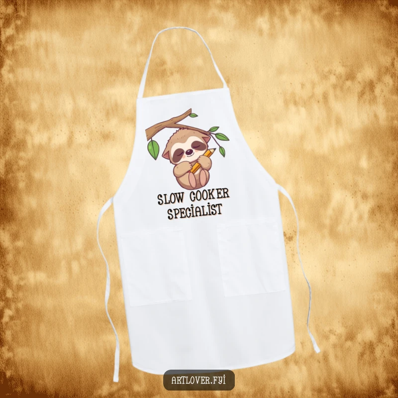 Funny sleepy sloth apron, a relaxed artist with a pencil, ideal for kitchen or studio work.