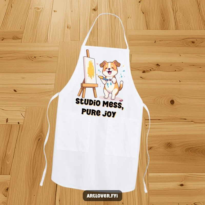 Funny apron showing a dog artist joyfully splashing paint on a canvas, protecting the wearer while adding humor to the kitchen.