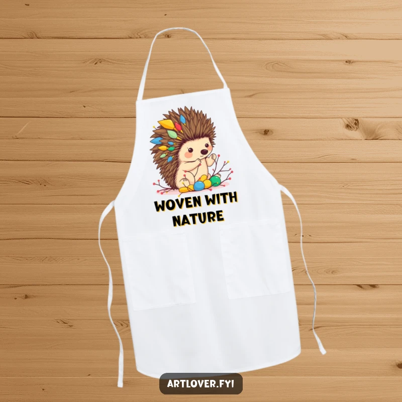 Funny apron featuring a hedgehog artist creating a twig sculpture, designed to protect during messy creative kitchen activities.