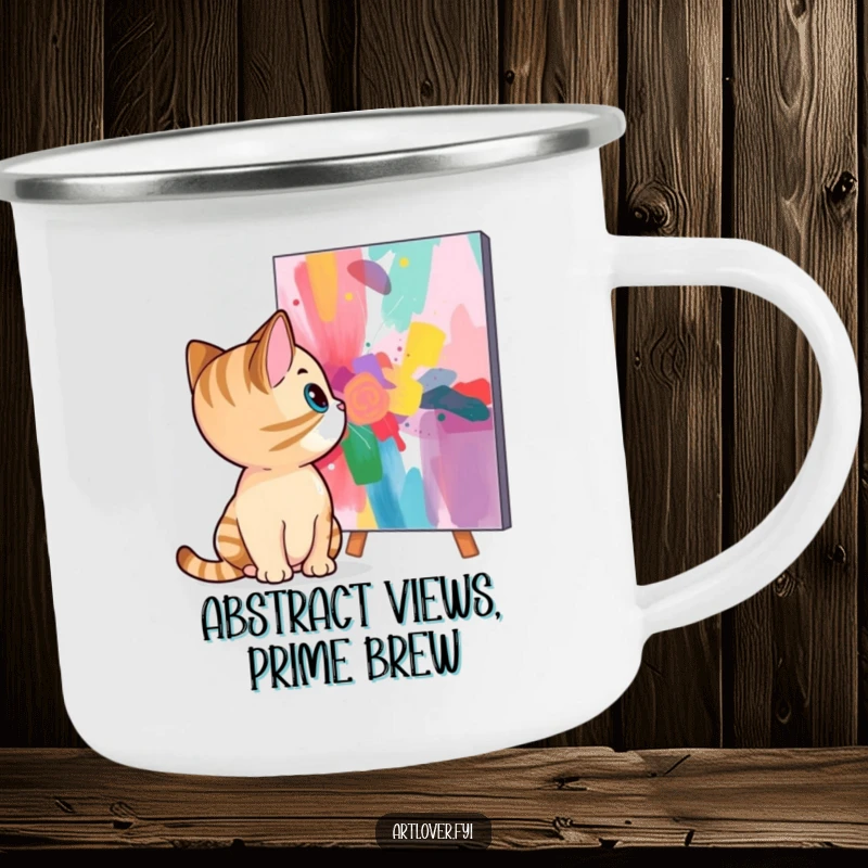 Funny cat camping mug showing a curious cat admiring a vibrant abstract painting, perfect for outdoor enthusiasts with an artistic side.