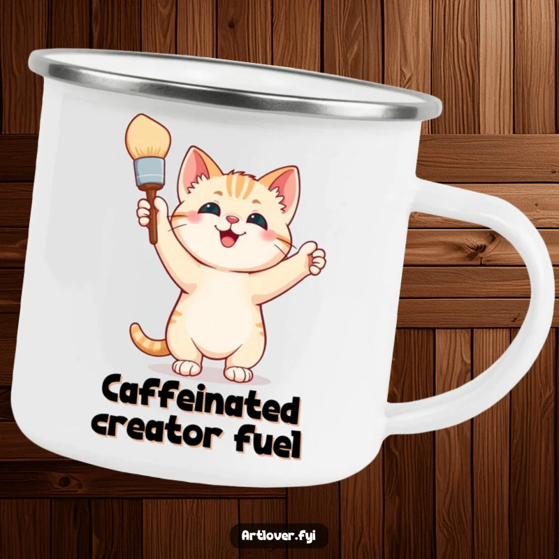 Funny Camping Mug: A jubilant kitten artist holds a paintbrush aloft, celebrating artistic triumphs during outdoor adventures and campfire stories.
