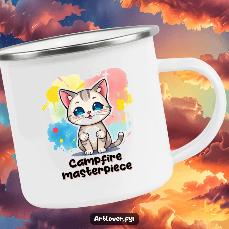 Funny camping mug featuring a cat artist proudly displaying a vibrant abstract painting, perfect for enjoying beverages during outdoor excursions.
