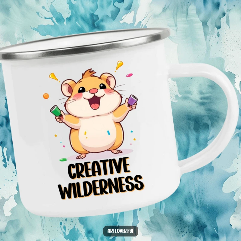 Funny hamster camping mug with an excited hamster character juggling colorful paint tubes. Durable and humorous for outdoor art enthusiasts.
