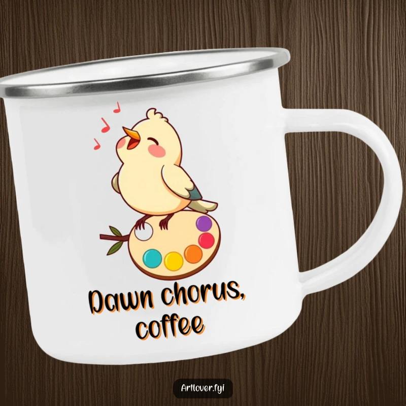 Funny camping mug with a happy bird singing on a colorful palette, perfect for enjoying beverages in the wild.