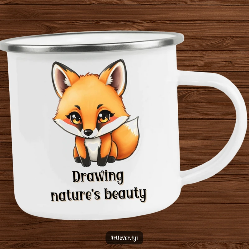 Funny fox with intense concentration drawing with a charcoal stick, designed for artistic inspiration on a camping mug.
