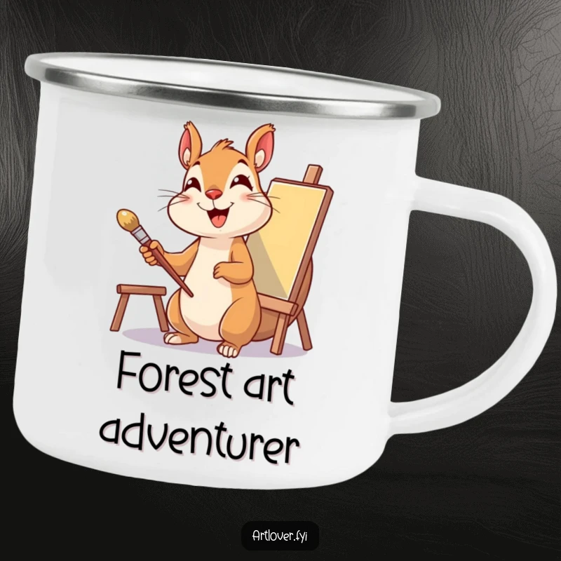 Funny Squirrel Artist Camping Mug with a paintbrush and canvas, designed for outdoor artists and nature lovers.