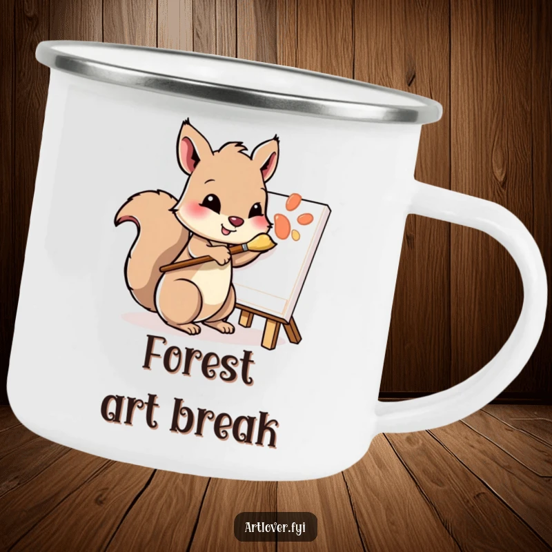 Funny camping mug with a playful squirrel character, paintbrush in paw, dabbing at a canvas, ideal for outdoor art.