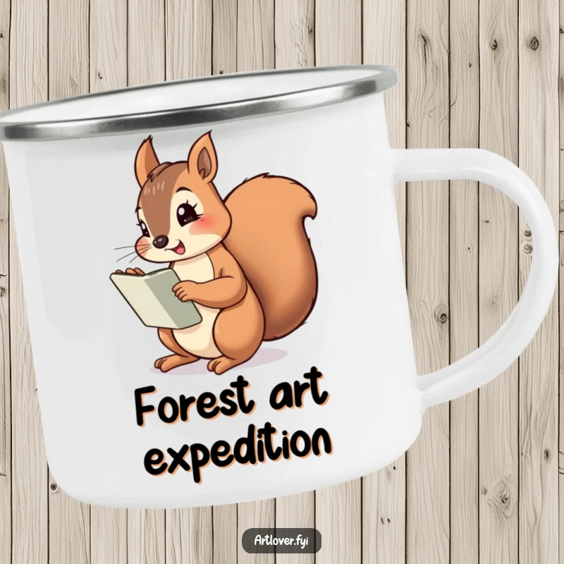 Funny Squirrel Artist Camping Mug showing a cheeky squirrel with a sketchbook, perfect for outdoor enjoyment and artistic inspiration.