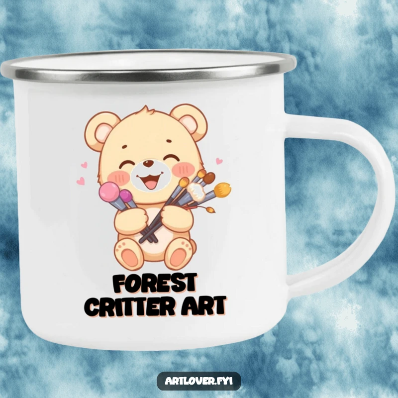 Funny enamel camping mug with a joyful bear cub holding a bouquet of paint brushes, for creative outdoor adventures.