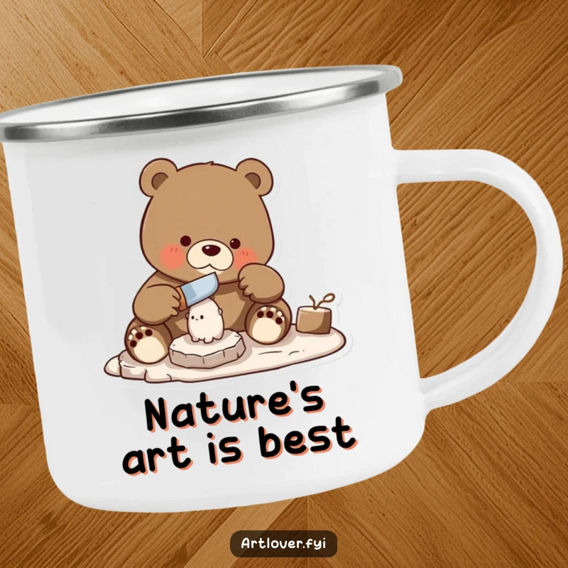 Funny bear skillfully using a chisel to carve a small statue, designed for artisan inspiration on a camping mug.