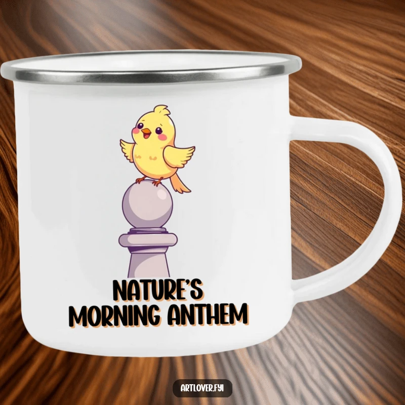 Funny happy bird camping mug, perched on a sculpture, singing joyfully, ideal for outdoor drinking.