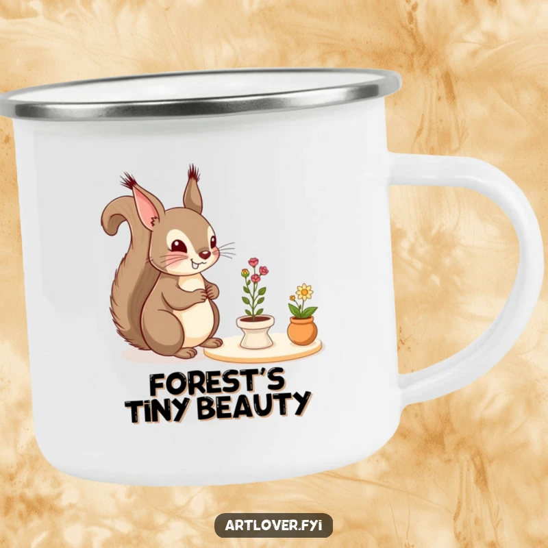 Funny Camping Mug: A cheerful squirrel admires a miniature still life during outdoor adventures, bringing artistic appreciation to your travels.