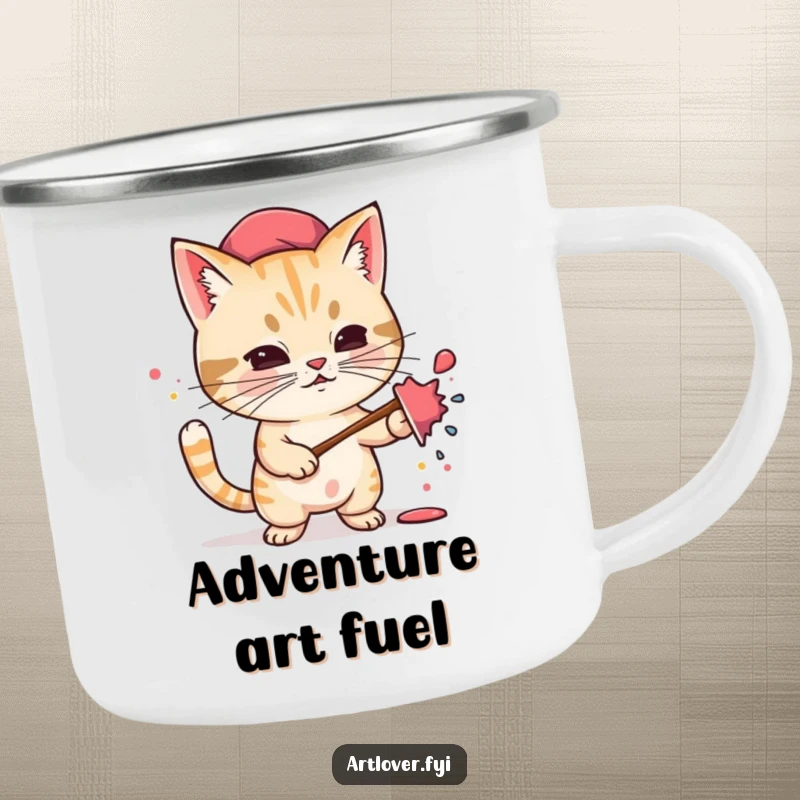 Funny camping mug featuring a determined cat artist in a beret, energetically splattering paint, ideal for outdoor artistic adventures.