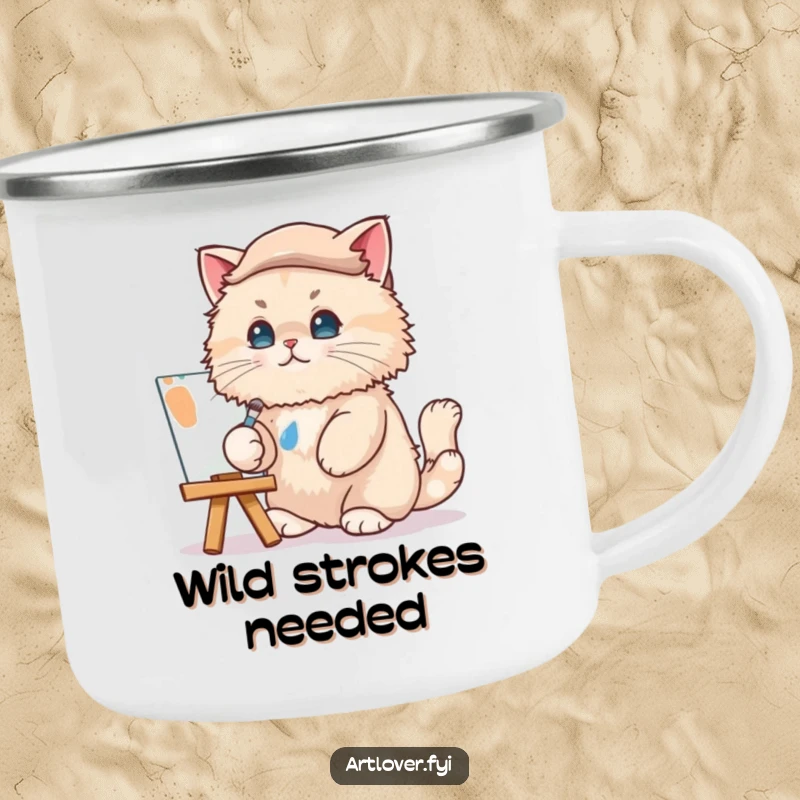 Funny Cat Artist Camping Mug: An enamel mug featuring a beret-wearing cat artist painting, ready for humorous outdoor creativity.