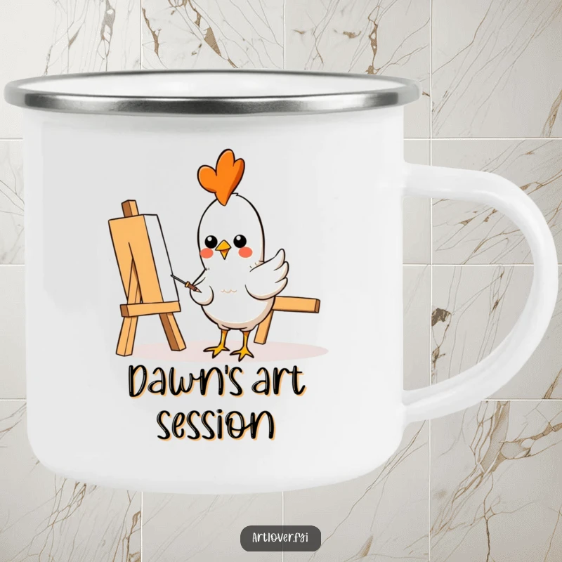 Funny Camping Mug: A cheerful chicken artist pecking at a canvas near a campfire, enjoying the outdoors, perfect for adventures, funny gift.