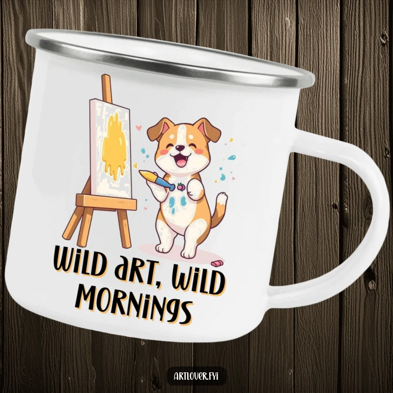 Funny camping mug featuring a dog artist joyfully splashing paint on a canvas, perfect for enjoying drinks in the wild.