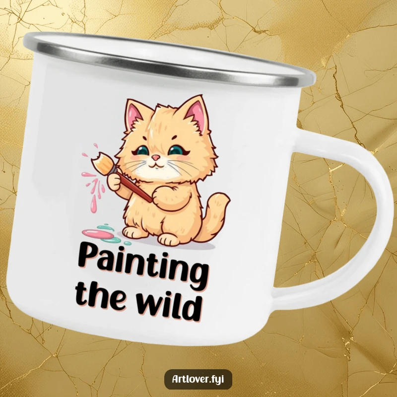 Funny camping mug featuring a fluffy cat holding a paintbrush, splattering paint in the wild.