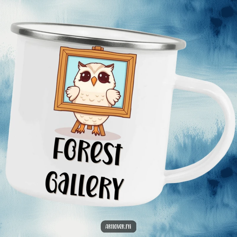 Funny owl camping mug with a delighted owl character admiring a framed painting. Durable and humorous for the cultured outdoorsperson.