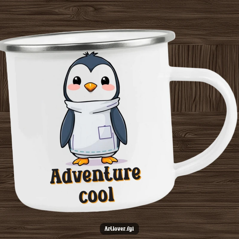 Funny camping mug featuring a happy penguin artist in a smock, perfect for enjoying coffee or tea during outdoor adventures.