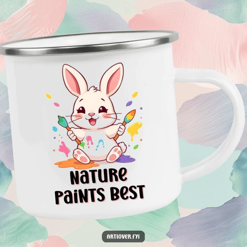 Funny Rabbit Painter Camping Mug: An enamel mug featuring a happy rabbit artist mixing paints, ready for humorous outdoor creativity.