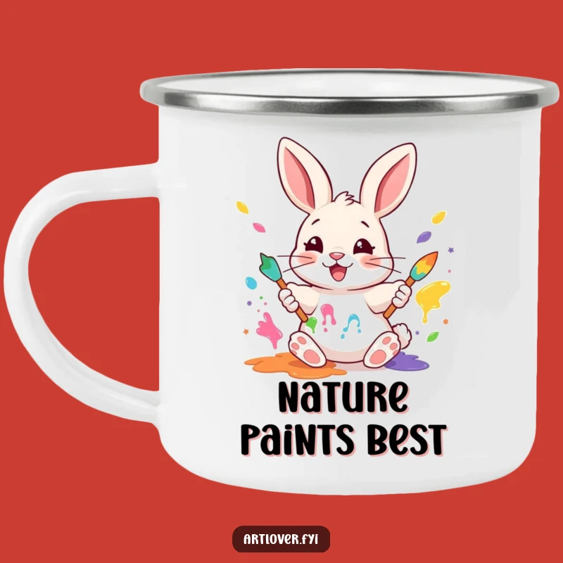 Funny Rabbit Painter Enamel Camping Mug: Artful Sips on the Trail!